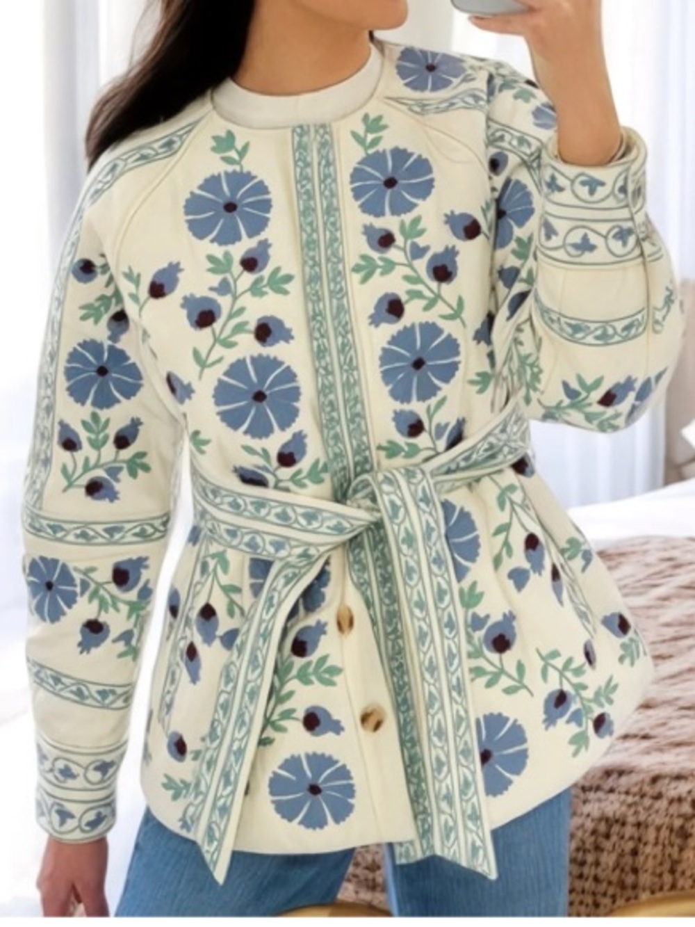 Floral Belted Cardigan Jacket - Cream & Blue